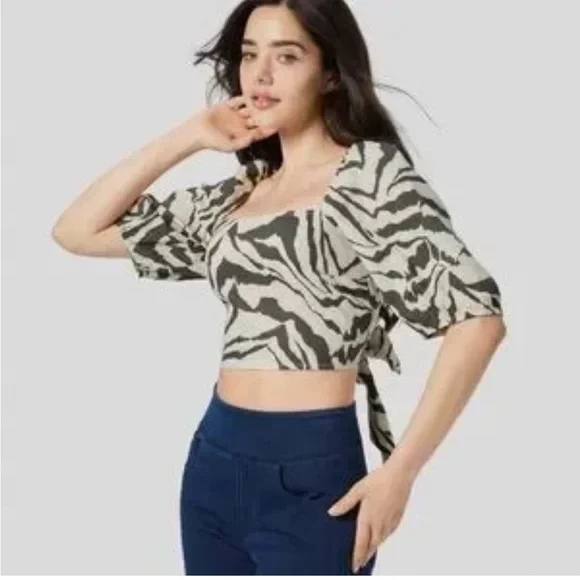 HALARA NWT Boho Beach Zebra Puff SLV Tie Back Square Neck Brown/Tan Crop Top XL - Picture 2 of 16